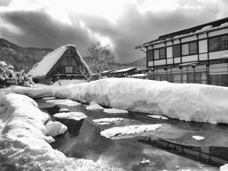시라카와고,일본,풍경,겨울,눈,겨울,계절,winter,season,흑백,모노톤,monochrome,black and white