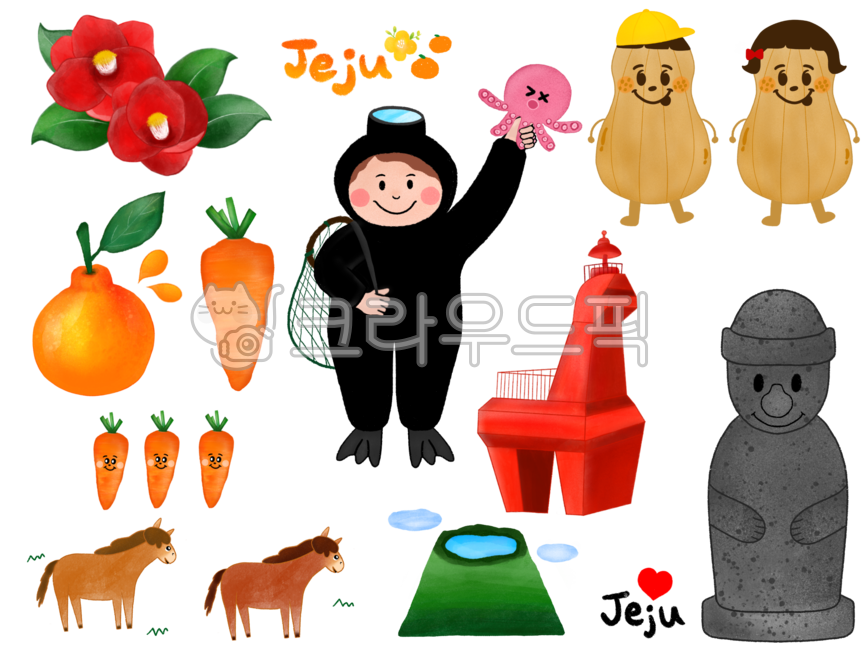 제주도일러스트,제주일러스트,제주,제주도그림,돌하르방,동백꽃,jeju,jejudo,제주관광지,한라봉,제주도손그림