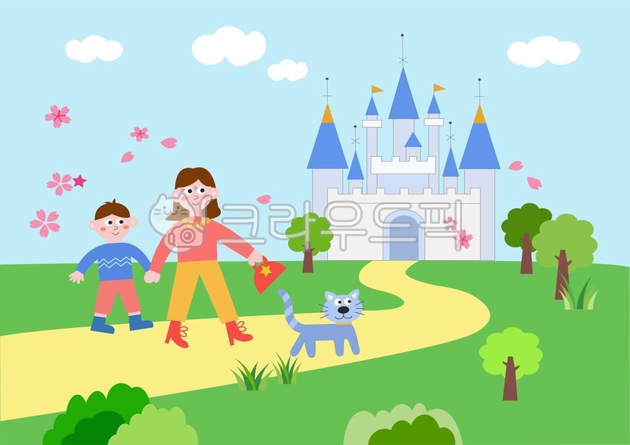 Lotte World,woman,castle,weekend outing,cloud,mother,son,pet cat,road,grass,cat,park,kids,sky,flower festival,family month,family trip,tree,cherry blossom festival,May 5th,cherry blossom viewing,person,weekend trip,amusement park illustration,amusement pa