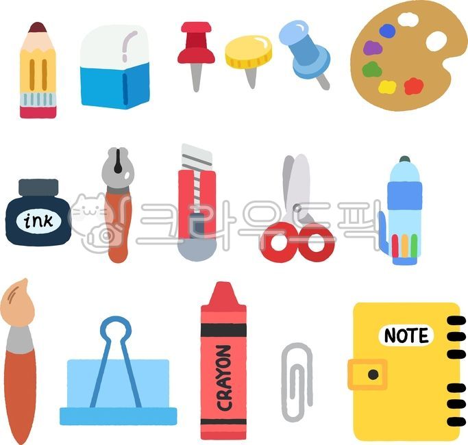 문구,학용품,사무용품,문구아이콘,학교아이콘,사무실아이콘,문구세트,학교도구,사무도구,문구일러스트,플랫디자인,플랫일러스트,카툰스타일,귀여운아이콘,컬러아이콘,벡터일러스트,낙서스타일,미술도구,드로잉도구,창작도구,연필,지우개,압정,푸시핀,잉크병,만년필,커터칼,가위,붓,크레용,종이클립,바인더클립,노트,팔레트,백투스쿨,교육컨셉,교실준비물,문구컬렉션