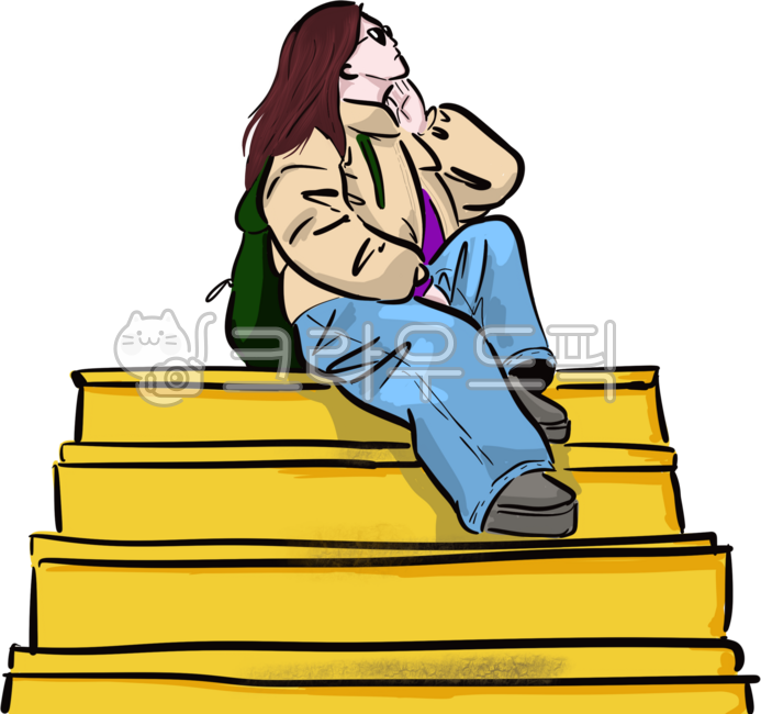 여성,여자,사람,person,계단,stairs,앉다,sitting,일러스트,illustration,고민,생각