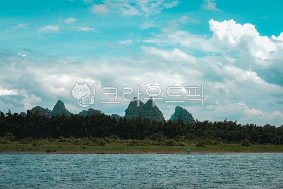 풍경,강변,강줄기,여름,구름,하늘,중국,휴식