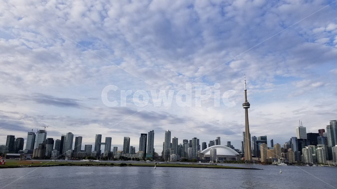 blue sky,toronto,center,bluesky,cntower,skyline,building,cloud,Canada,highrise,canada,CN Tower,sight,waterfront,lake,wideview,Toronto