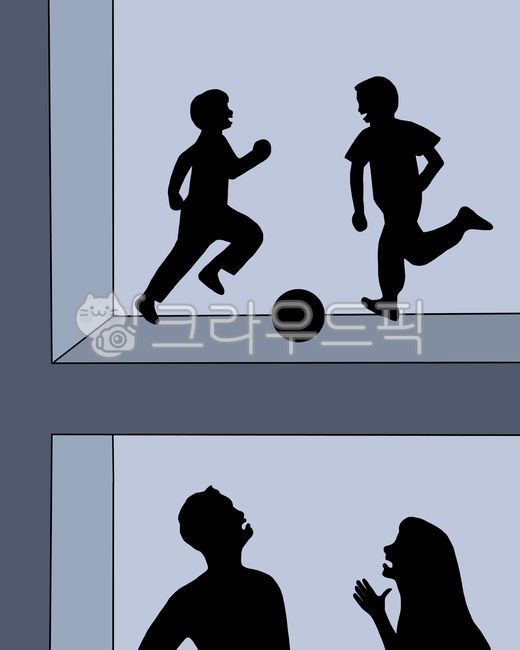 층간소음,분노,격노,집콕,어린이,공놀이,아이들,어른,성인,여자,남자,남자아이,공,실루엣,아파트,공동주택,빌라,다세대,다가구,다툼,분쟁,싸움,불화,귀트임,발망치,벽간소음,소음,이슈,사회문제,피해자,가해자,범죄,축구,축구공,운동,놀이,활동적,활동,활기찬,일러스트,psd