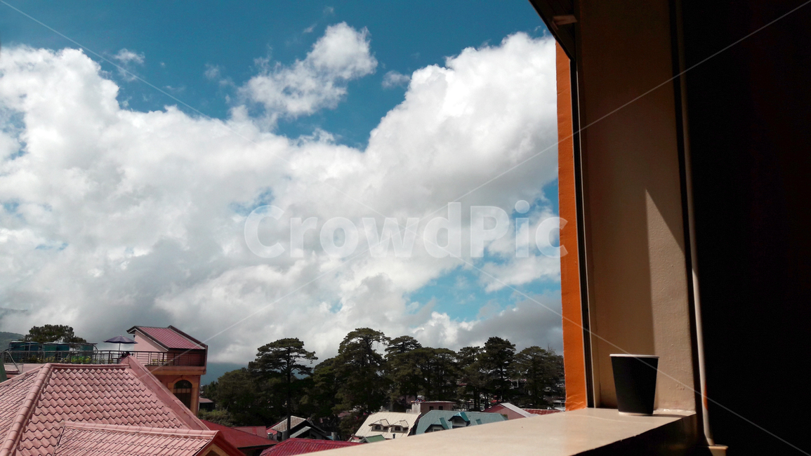 sky,roof,Baguio,Philippines,coffee,puffy clouds,stillness,window,Sunny