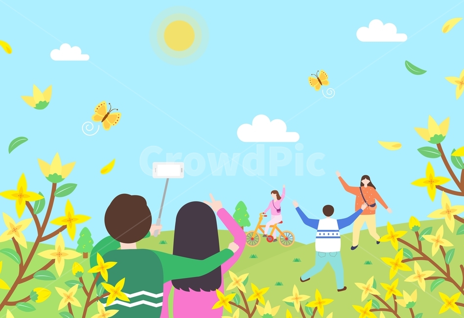 시즌,계절,봄,소풍,피크닉,여행,꽃축제,축제,꽃놀이,꽃여행,꽃,사람,남자,여자,어린이,여자아이,남자아이,벚꽃,개나리,국화,튤립,나무,커플,자전거,사진,민들레,캠핑,나비,벌,풍차,열기구,봄,계절,spring,season,그래픽,일러스트레이션,graphic,illustration