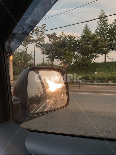 차,드라이브,사이드미러,빛,노을,자연,나무,도로