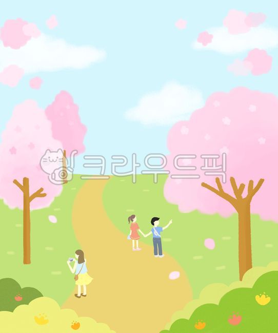 pink tree,forest,clouds,spring tree,spring,spring flowers,path,cherry blossom petals,grass,sky,green,hand drawing,spring festival,spring illustration,cherry blossom festival,April,Painting,cherry blossom tree,hill,blue,person,spring scenery,illustration,c