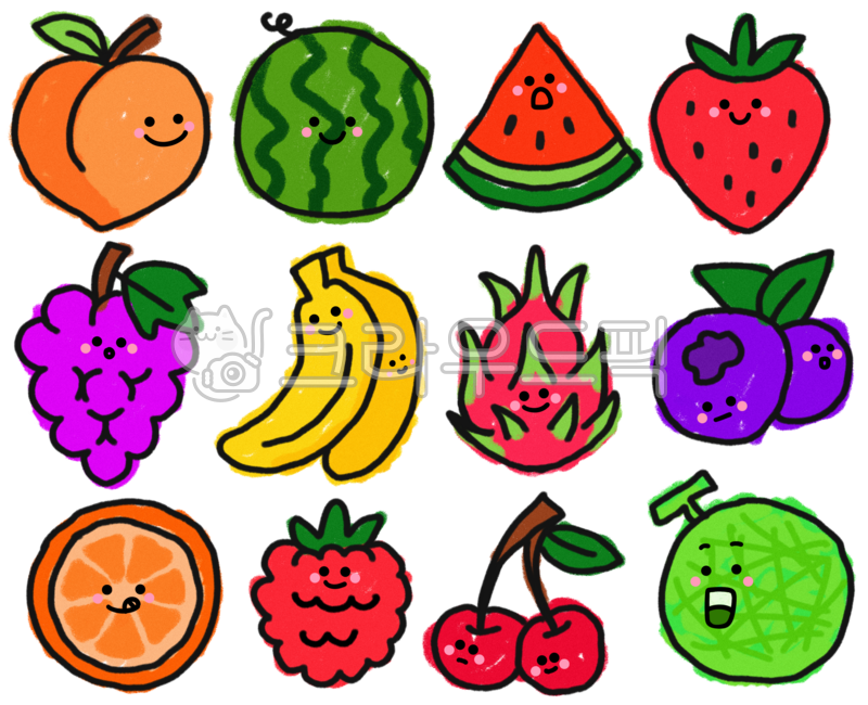 Hand-drawn,clumsy,colored pencil drawing,fruit,character,colorful,cute,peach,watermelon,strawberry,grape,banana,dragon fruit,blueberry,orange,raspberry,cherry,melon,cantaloupe,fruit set