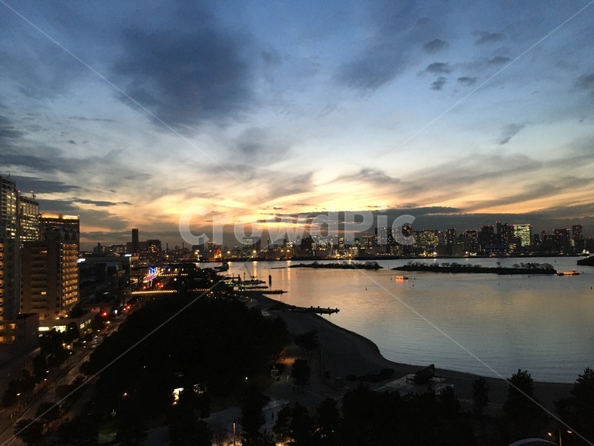 일본,오다이바,해질녘,해변,하늘