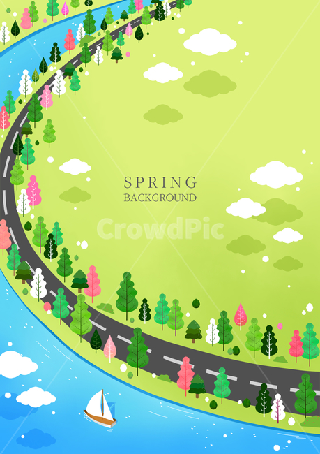 배,요트,도로,나무,구름,강,봄,풍경,경치,여행,미니멀,봄,계절,spring,season,자연,풍경,nature,landscape,여행,휴가,traveling,vacation,trip,그래픽,일러스트레이션,graphic,illustration