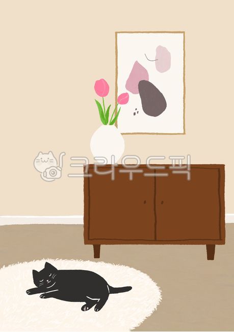 동물,고양이,배경,백그라운드,그림,일러스트레이션,드로잉,일러스트,귀여운,동화,카툰,애완동물,반려동물,단순한,생활,낮잠,잠,졸린,검은고양이,러그,수납장,꽃병,튤립,액자,봄,가구,furniture,찬장,sideboard,cat,animal,illustration,drawing,cute,pet,그래픽,일러스트레이션,graphic,illustration