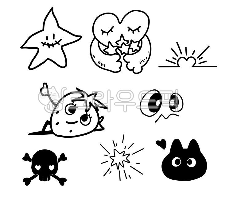 타투스티커,흑백스티커,라인드로잉,실루엣,핸드드로잉,키치,보디아트,드로잉,아이콘,심볼,선그림,타투도안,스티커,꾸미기,다이어리꾸미기,타투,도형,별,하트,딸기,고양이,해골,얼굴