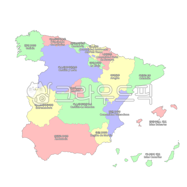Europe,Southern Europe,Iberia,Spain,Madrid,country,map,administrative districts,administrative district map,4-color map,blue,yellow,red,green,map