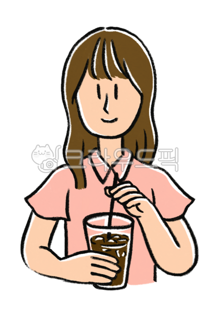 커피마시는여자,일러스트,커피,여자,손그림,미소,정면,상반신,아아,아이스아메리카노