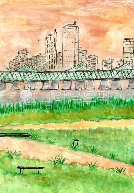 한강,강가,일러스트,드로잉,그림,손그림,벤치,painting,미술