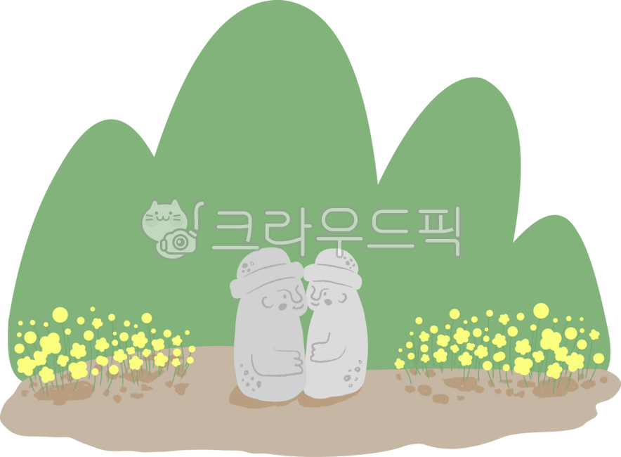 돌하르방,제주도,돌하르방일러스트,제주도이미지,제주도장식,유채꽃,유채,봄꽃,노란꽃,숲,풀숲,초록,둥근산,산,자연,환경