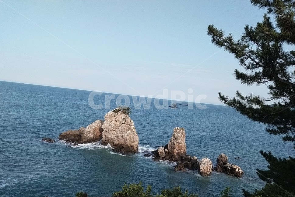 바위,하늘,바다,자연,파랑색,바닷가,피서,여름,여름바다,구름,파도,sky,sea,나무,초록색,바위섬