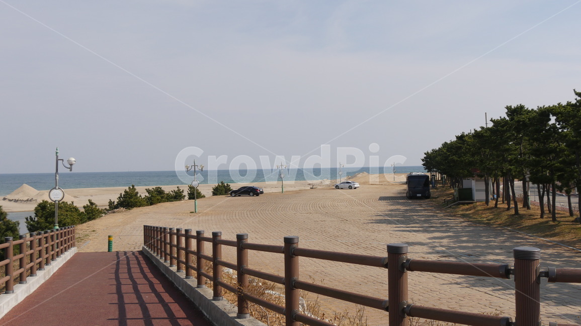 난간,산책로,모래,바다,나무,해안가