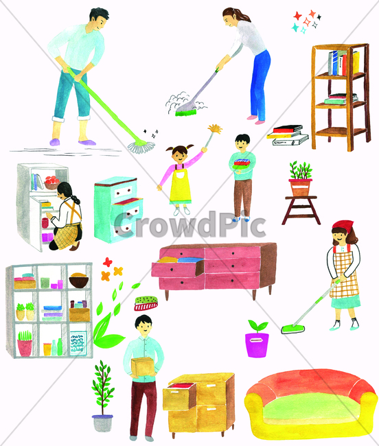 손그림,물감그림,handdrawing,watercolor,sweep,청소,cleaning,sweeping,rubbing,clean,화분,flowerpot,pot,책장,bookshelf,서랍장,dresser,chest