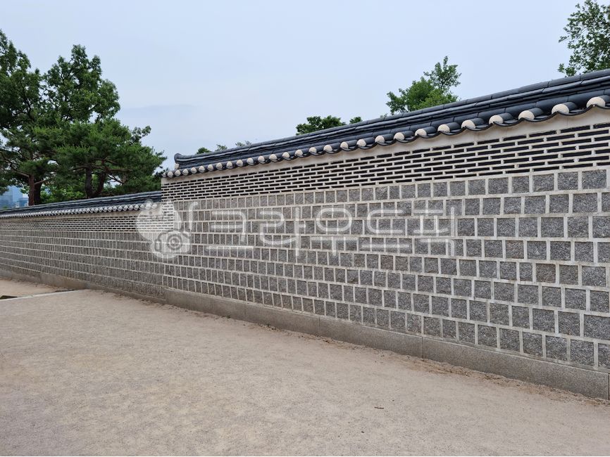 pine tree,yard,soil,construct,building,Gyeongbokgung,tile roof,tile,block,tradition,brick,dirt road,sky,nature,tree,afternoon,outdoor,korea,traditional,dirt floor,plant,stonewall,wall,fence,Korean tradition