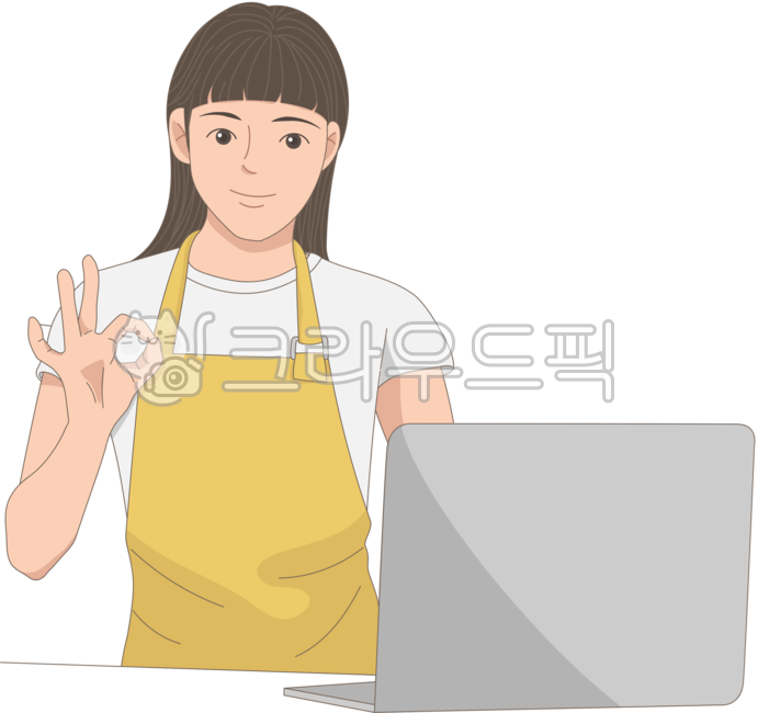 사람,알바,컴퓨터,앞치마,여자,성인,여성,ok,아르바이트,사장님,확인,일,직업
