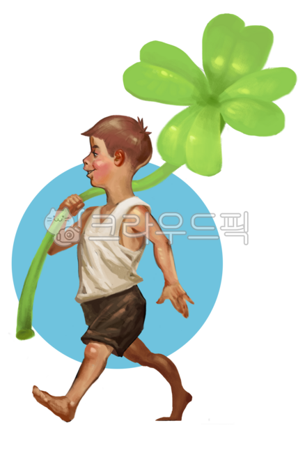Boy,four-leaf clover,luck,walking child,cute illustration,fairy tale feeling,North American style illustration,digital painting