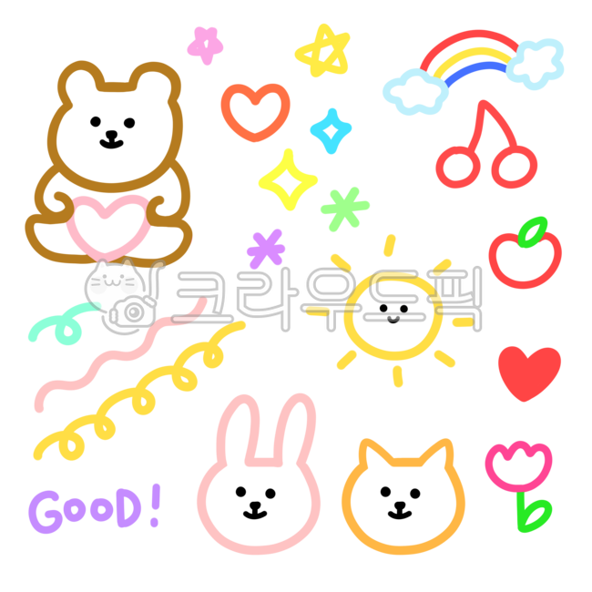 다꾸,스티커,도장,다꾸스티커,굿,곰,테디베어,하트,사랑,튤립,꽃,사과,체리,무지개,해,날씨,구름,선,라인,귀여운,캐릭터,별,라벨