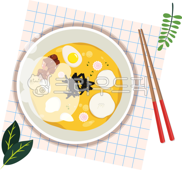 Soup,one bowl,dumpling soup,warm Korean water,meal,one meal,meal,food,cooking,meat,kelp,boiled egg,rice cake,green onion,warm dish,illustration,background,background,yellow,chopsticks,plant,wrapping cloth,table mat,smoke,warm