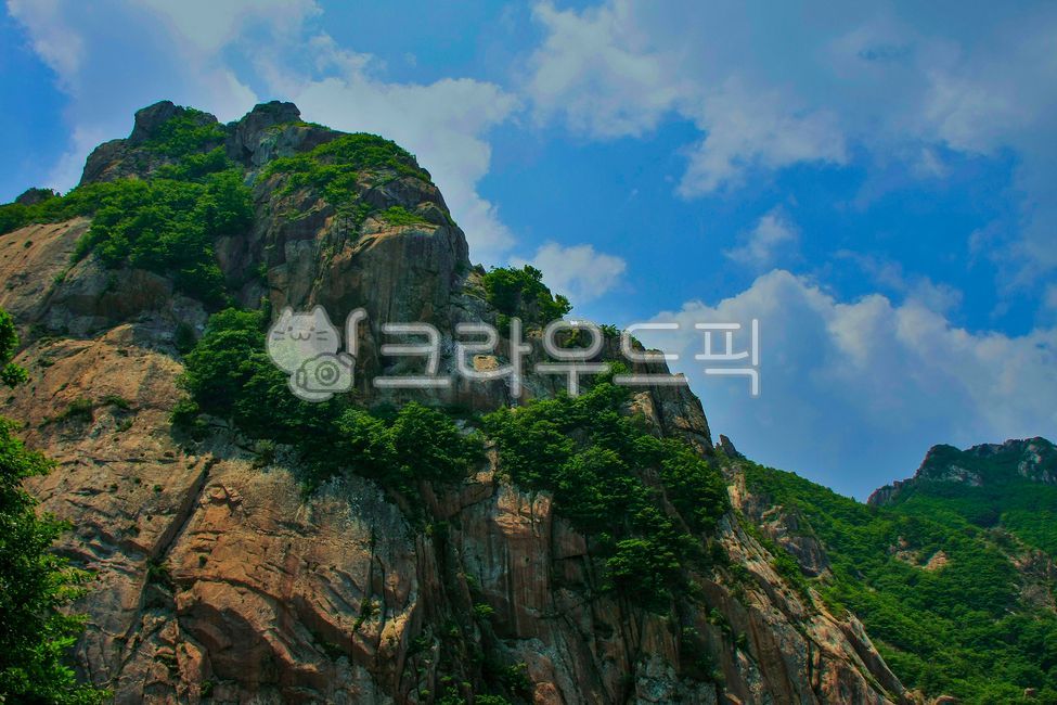 sky,A national park,famous mountain,nature,cliff,summer mountain,tree,fresh green,rock wall,rock,cloud,Wolchulsan Mountain,mountain,Made in Korea,outdoors,summer scenery