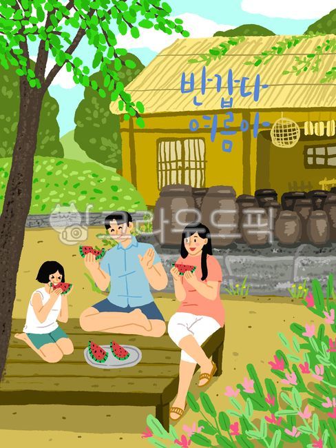 여름,배경,시골,야외,손그림,드로잉,싱그러운,시원한,나무,계절,휴가,피서,피서지,시골집,마당,평상,수박,가족,먹다,음식,과일,대화,어린이,초가집,장독대