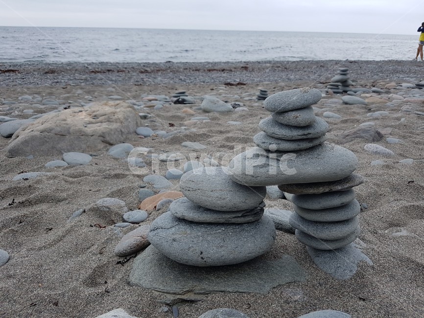 해변,돌탑,바다,모래,조약돌