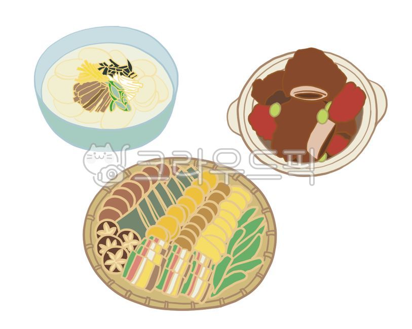 떡국,갈비찜,전,모둠전,명절음식,새해음식,음식,음식일럭스트,전통음식,한국음식,한국전통,한국문화,korean traditional,korean culture,음식,식재료,요리,food,cook,meal,dishes,food reserves,그래픽,일러스트레이션,graphic,illustration