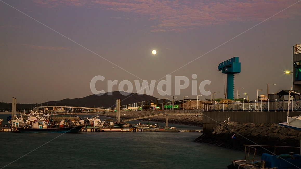 water,물,항구,달,moon,boat,보트,야경