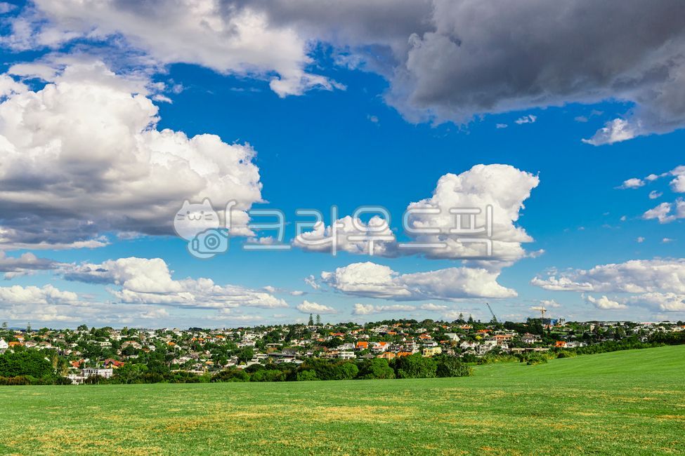 suburbs,Hill,Auckland,house,building,summer,scene,cloud,spring,Field,Town,cumulus,sight,weather,park,sky,green,nature,tree,New Zealand,horizon,blue,outdoors,lawn
