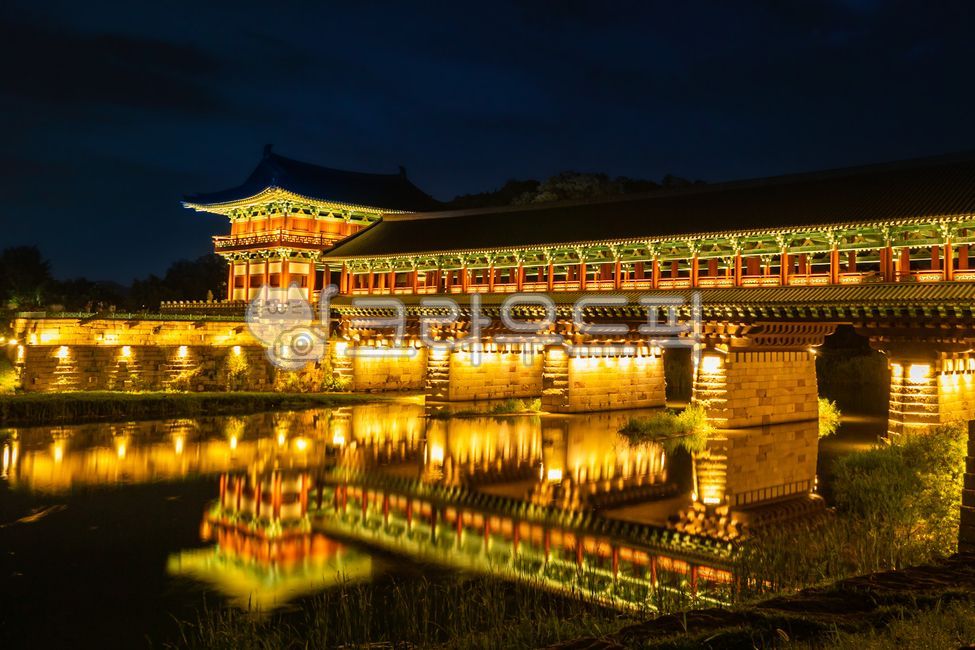 Building,night view,Woljeong Bridge,reflection,river,Gyeongju