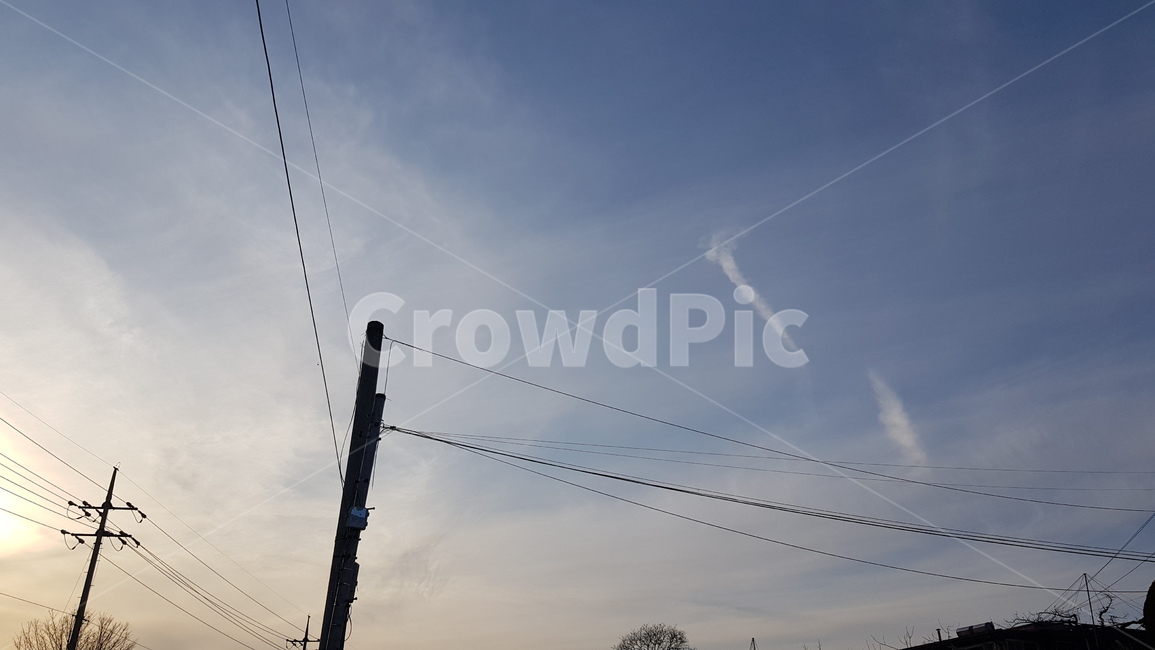 sky,powerlines,blue sky,power line,unusual clouds,electrictransmissiontower,white clouds,bluesky,clouds,transmission tower,Emotional photo,cloud,sunset,telephone pole,cable