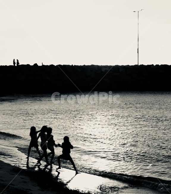 해변,노을,흑백,즐거운,아이