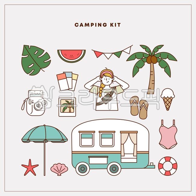 캠핑용품,아웃도어,글램핑,여행,귀여운,아이콘,일러스트,휴가,즐거운,자연,캠핑카,카라반,야자나무,수박,파라솔,불가사리,조개,튜브,수영복,아이스크림,카메라,사진,슬리퍼,몬스테라,여행,휴가,traveling,vacation,trip,그래픽,일러스트레이션,graphic,illustration