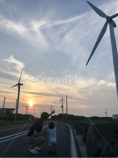 제주도,일몰,야경,아기,하늘,사람,뒷모습,풍력,자연