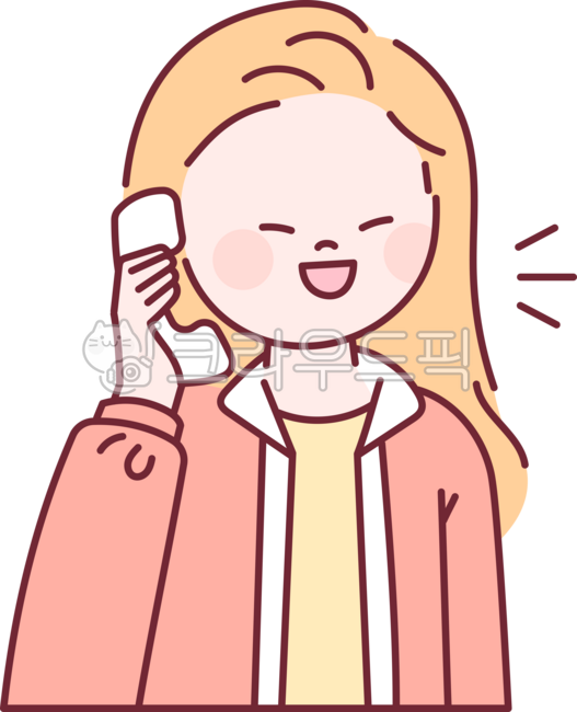 외곽선,심플,단순한,일러스트레이션,여성,상반신,정면,스타일,패션,캐릭터,귀여운,전화기,전화,통화