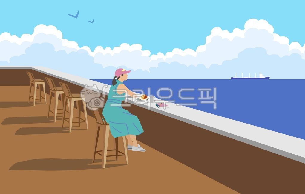 그래픽,일러스트,감성그래픽,감성일러스트,미니멀아트,파스텔톤,미니멀그래픽,일러스트레이션,배경,백그라운드,옥외,illustration,graphic,야외,디자인소스,그림자,바닷가,의류,힐링,서적,의자,구름,배,야외카페,테라스,전망대,뷰,소녀,여자,여인,응시,커피잔,쪽케잌,디저트,테이블,외항선,사람,인간,바닷가카페,healing,그래픽,일러스트레이션,graphic,illustration