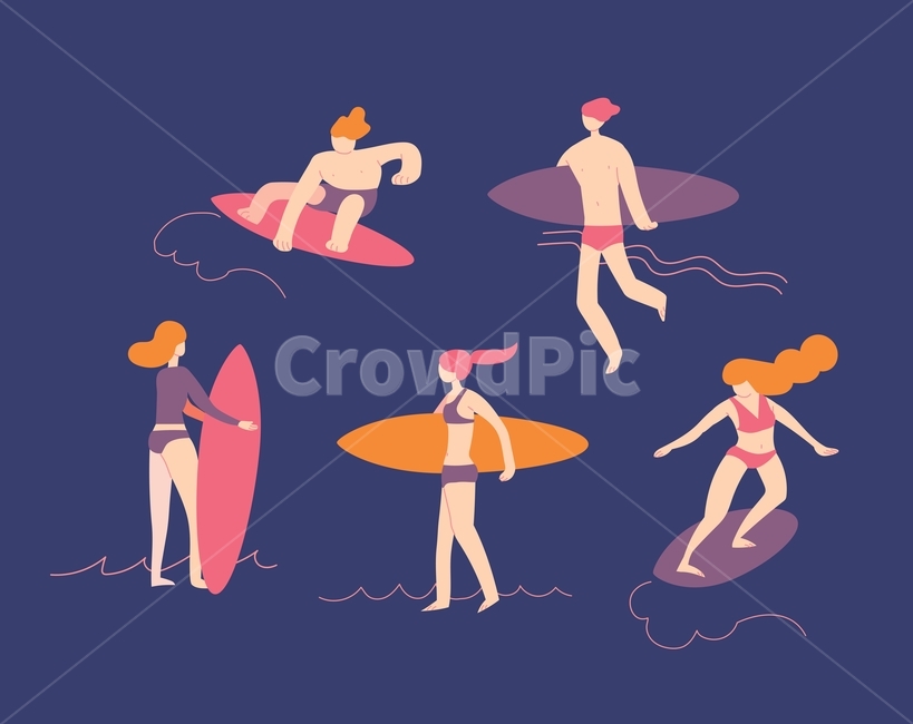 서핑,서퍼,바다,익스트림,스포츠,서핑보드,남자,여자,수영복,수영,바닷가,해변,비키니,파도,물놀이,사람,인물,인간,일러스트,벡터,플랫,심플,손그림,여름,여름,계절,summer,season,그래픽,일러스트레이션,graphic,illustration,leisure activities,레저 활동,dance pose,댄스 포즈