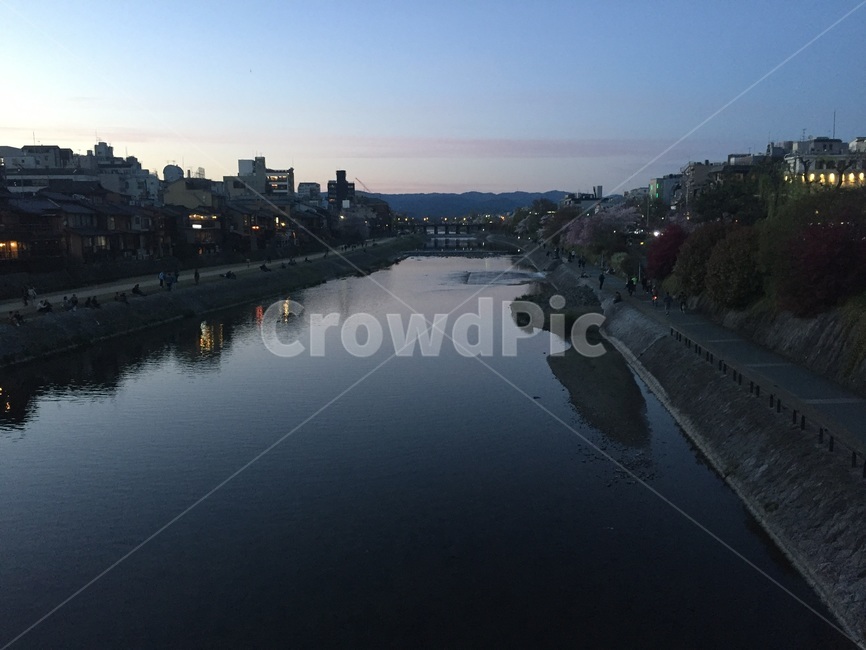 일본,강,저녁,노을,밤되기전,夕焼け