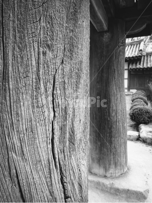 나무기둥,나무결,버팀목,사찰,누각,흑백,모노톤,monochrome,black and white