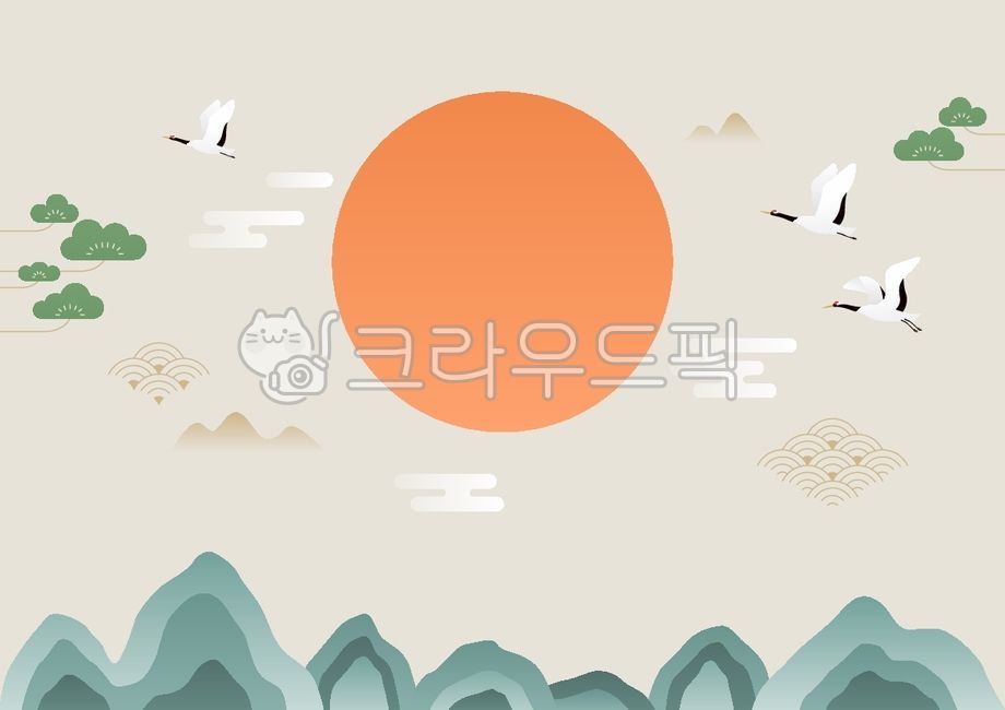 vector,illustration,background,holiday,tradition,Korea,culture,new year,seol,seolnal,2025,eulsa year,sea,sun,sunrise,mountain,crane,bird,animal,traditional pattern,pine tree,cloud