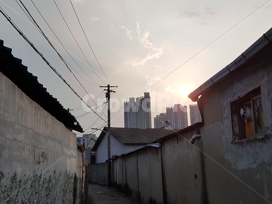 석양,길,하늘,구름,골목길