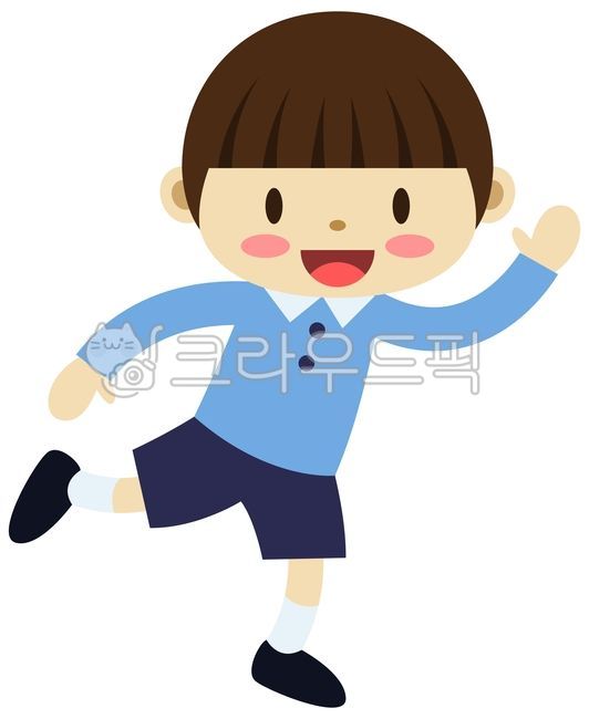어린이,아이,유아,유치원,유치원생,초등학생,옷,의류,웃음,미소,만화,캐릭터,학생,동작,제스쳐,인사,남학생,남자,남성,하늘색,파랑색,반바지,춤,댄스