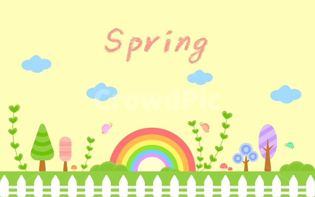 무지개,울타리,나무,풀,나비,구름,봄,플랫디자인,일러스트,봄,계절,spring,season,그래픽,일러스트레이션,graphic,illustration