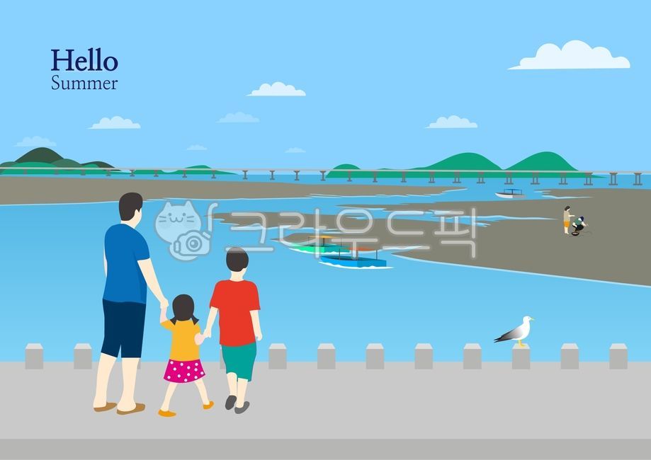 서해바다,여름,가족,사람,서해대교,뻘,갯벌,갯벌체험,갈매기,하늘,구름,일러스트,여행,휴가,여름휴가,조개,조개캐기,호미,길,일러스트레이션,백터,ai,아버지,어린이,포구,어촌,바닷가,밀물,썰물,바다